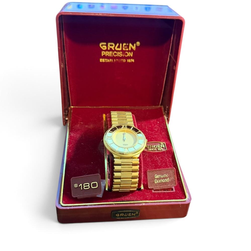 Vintage Gruen Precision Quartz Gold Tone Watch with Genuine Diamond & Box